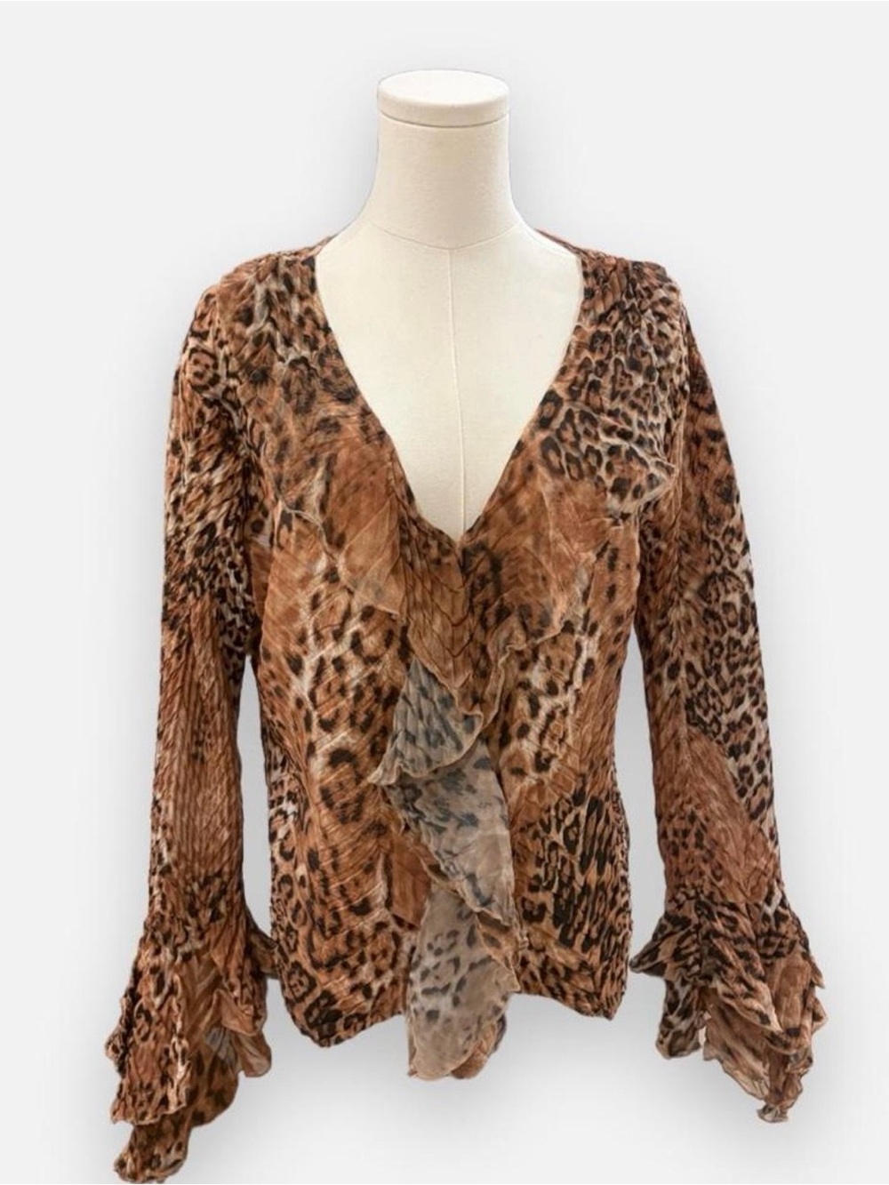 Cache Brown Leopard Print Ruffle V-Neck Blouse